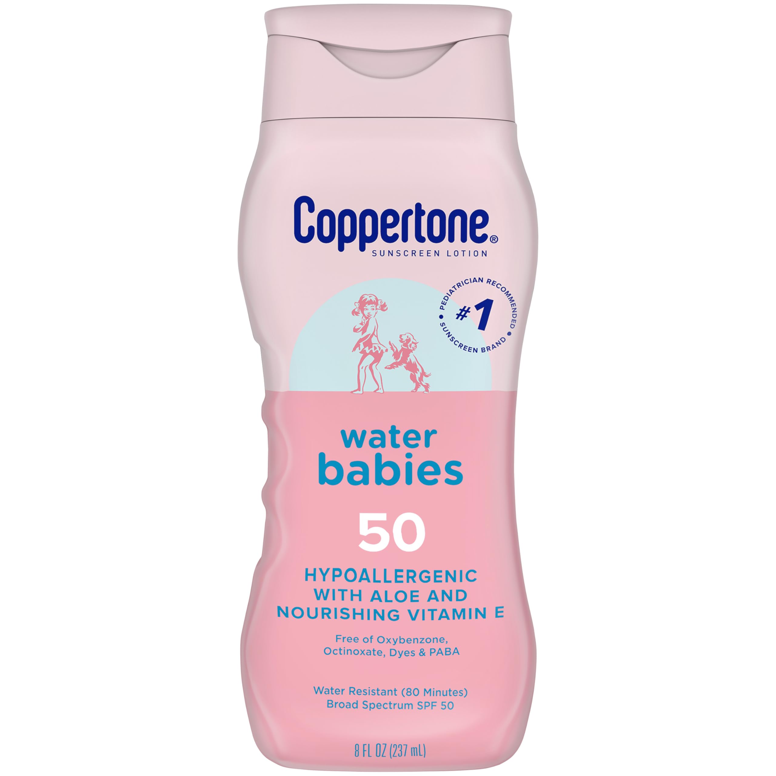 Coppertone WaterBabies Baby Sunscreen Lotion SPF 50, Hypoallergenic Sunscreen for Babies, Water Resistant, Pediatrician Recommended, 8 Fl Oz Bottle