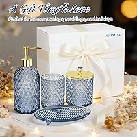 Vista 7 de Jenseits Glass Bathroom Accessory Set 4 Piece - Elegant Blue Diamond Cut Bathroom Set - Lotion Dispenser, Toothbrush Holder, Cotton Swab Jar, Tray