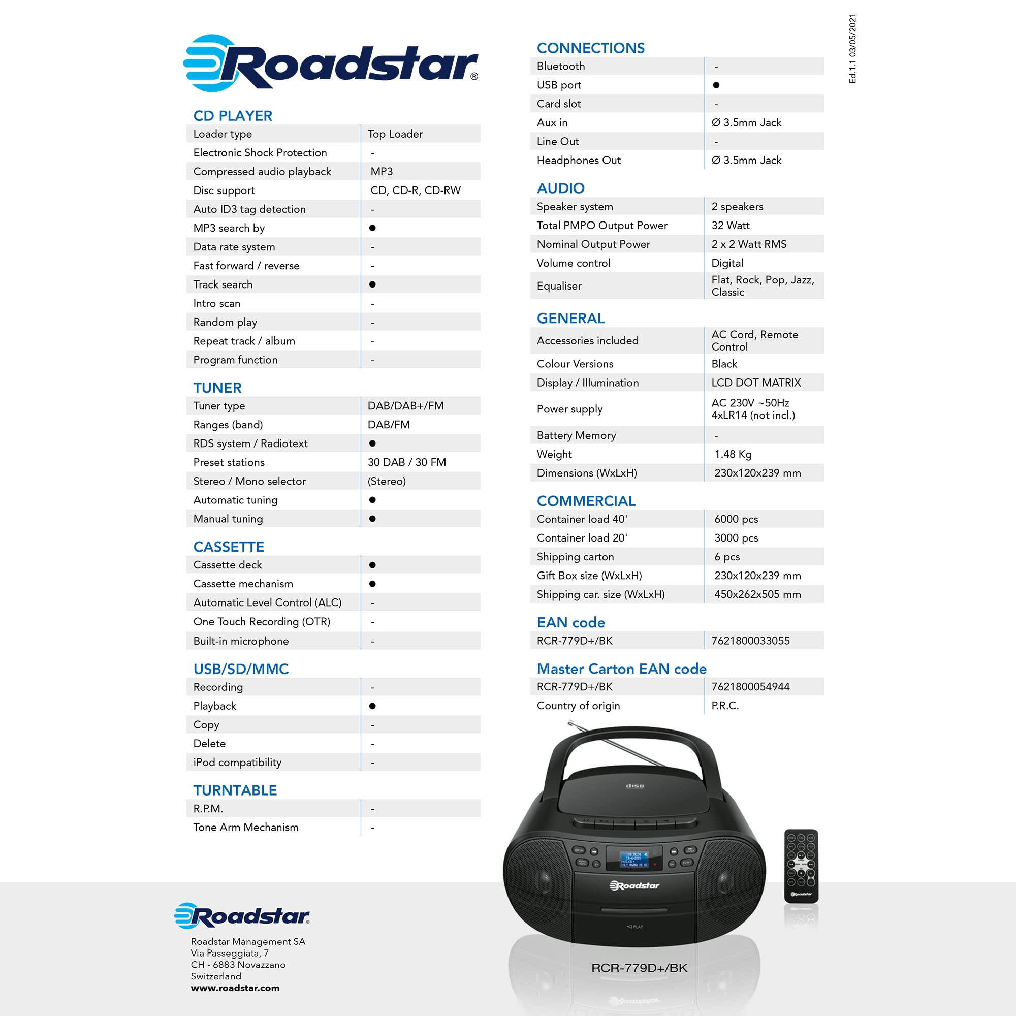 Roadstar RCR-779D+/BK Radio Cassette con CD Portátil DAB / DAB+ / FM, Reproductor CD-MP3, USB, Boombox, Mando a Distancia, AUX-IN, Salida de Auriculares, Negro
