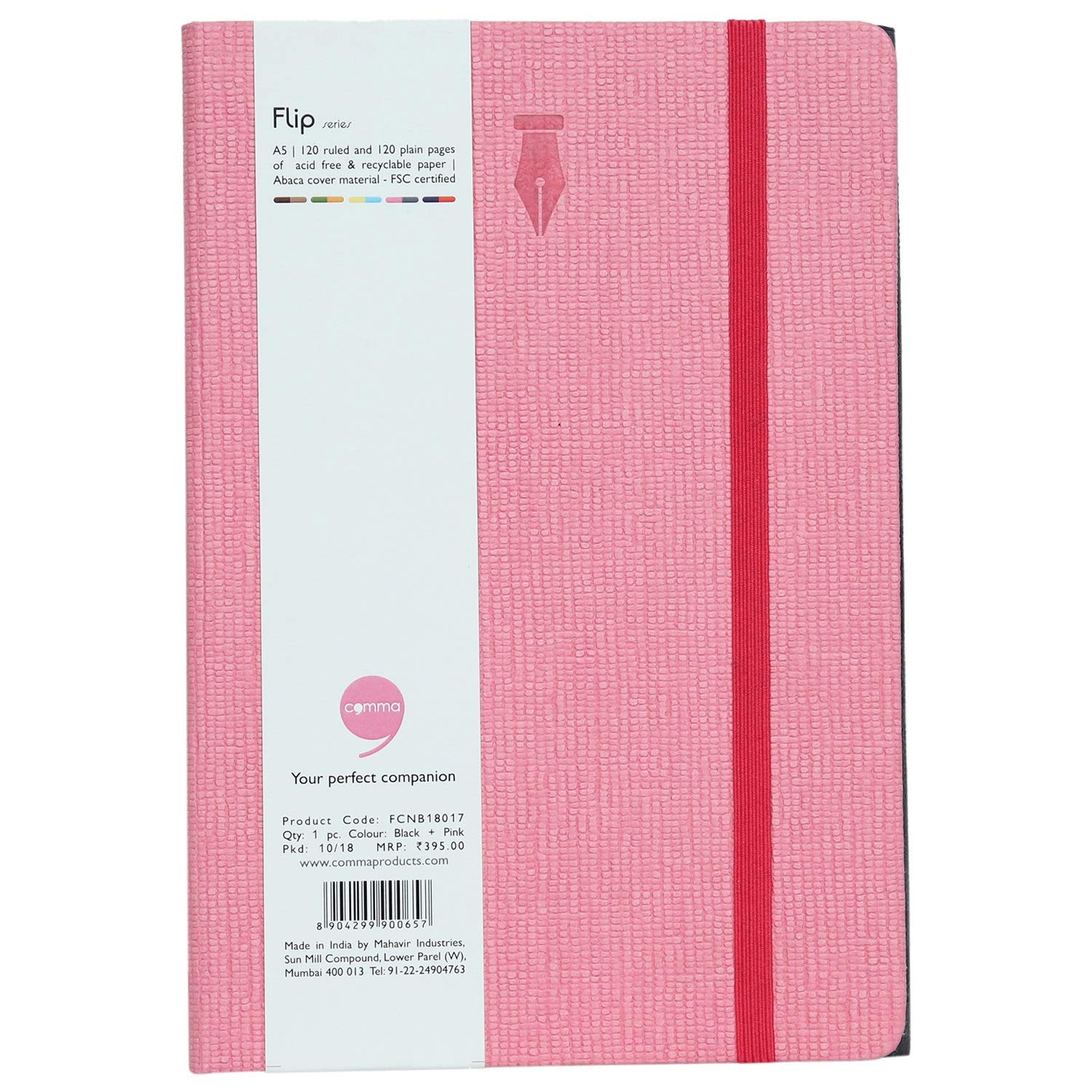 COMMA Flip – A5 Size – Notebook + Sketchbook – Double Sided Opening with Elastic Band Closure – 120 Ruled + 120 Plain Pages – 80gsm Natural Shade Paper – Textured Cover Material – (Black + Pink)