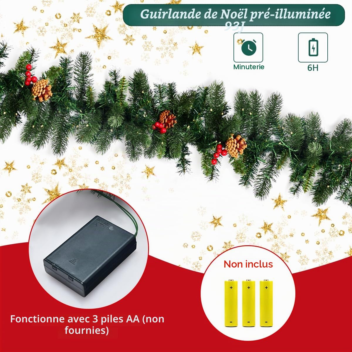 KOMFOTTEU Guirlande de Noël 270 cm avec Éclairage LED, Couronne de Sapin Artificiel pour Escaliers et Cheminées, Décoration de Noël avec Baies Rouges et Ananas