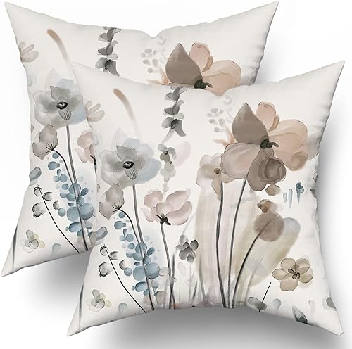 Juego de 2 fundas de almohada florales de 20 x 20 pulgadas, color marrón, crema, gris, verde azulado, floral, fundas de almohada rústicas abstractas
