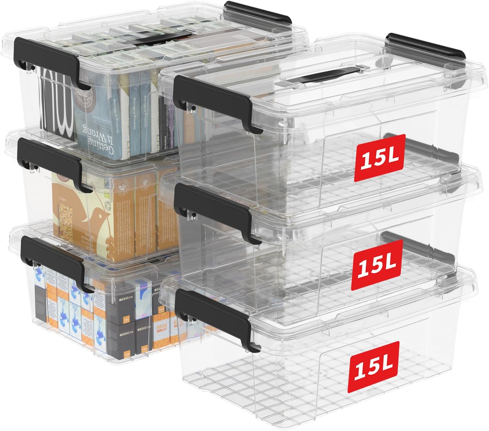 Cetomo 15L*6 Storage Boxes, Carry Plastic Storage Box with Lids, Clear Organizing Container with Handle and Secure Latches, Nestable & Stackable Tote Box for Home Office, 15L-6 Pack, Transparent