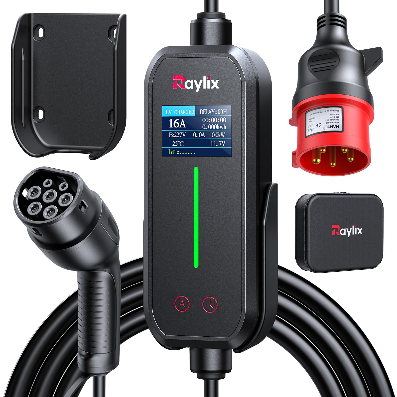 Raylix 2026 Neu 11kW Mobile Wallbox Typ 2 Ladekabel (5m 6A-16A 3-Phasig) mit Stromzähler & Einstellbarem Strom & Verzögertem Laden, Ladekabel CEE 16A auf Typ 2 und Ladestation Ladeziegel EV Charger