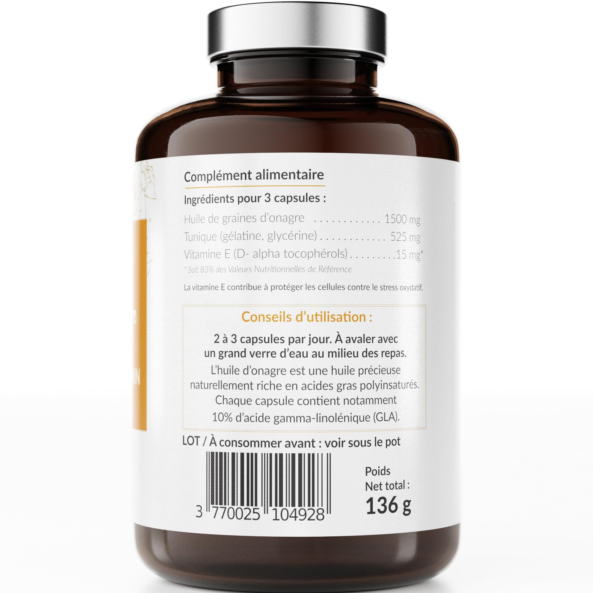 Huile d'Onagre Santerra - 200 Capsules de 500 mg d’Onagre - Pressée à Froid, 100% Naturelle, Sans OGM