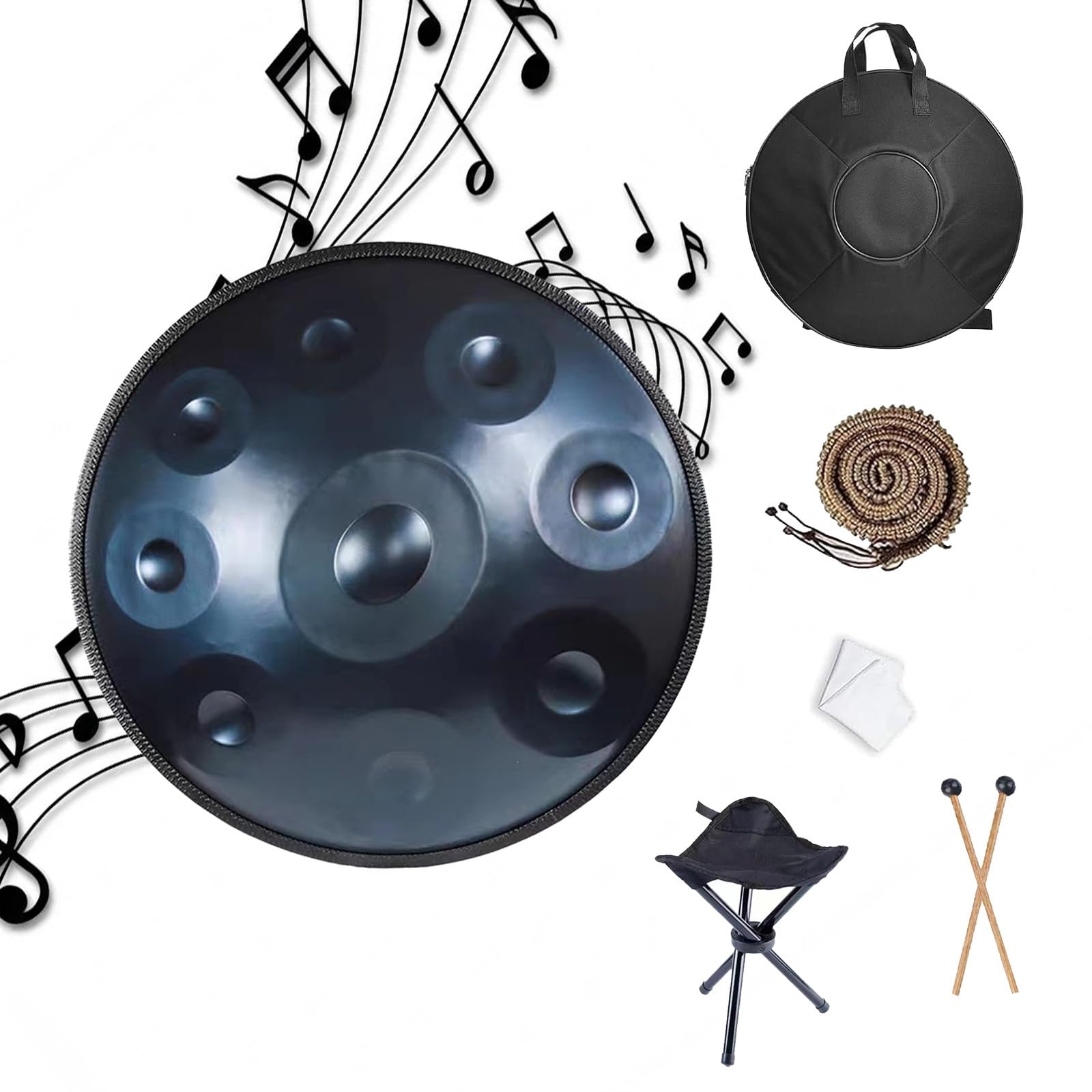 Handpan 22 Pulgadas Tambor de Acero, 9/10/12 Notas 432/440 Hz Tambor de Acero en re Menor para Principiantes para Terapia de Sonido, Meditación Personal, Yoga(Azul,440HZ/10Note)