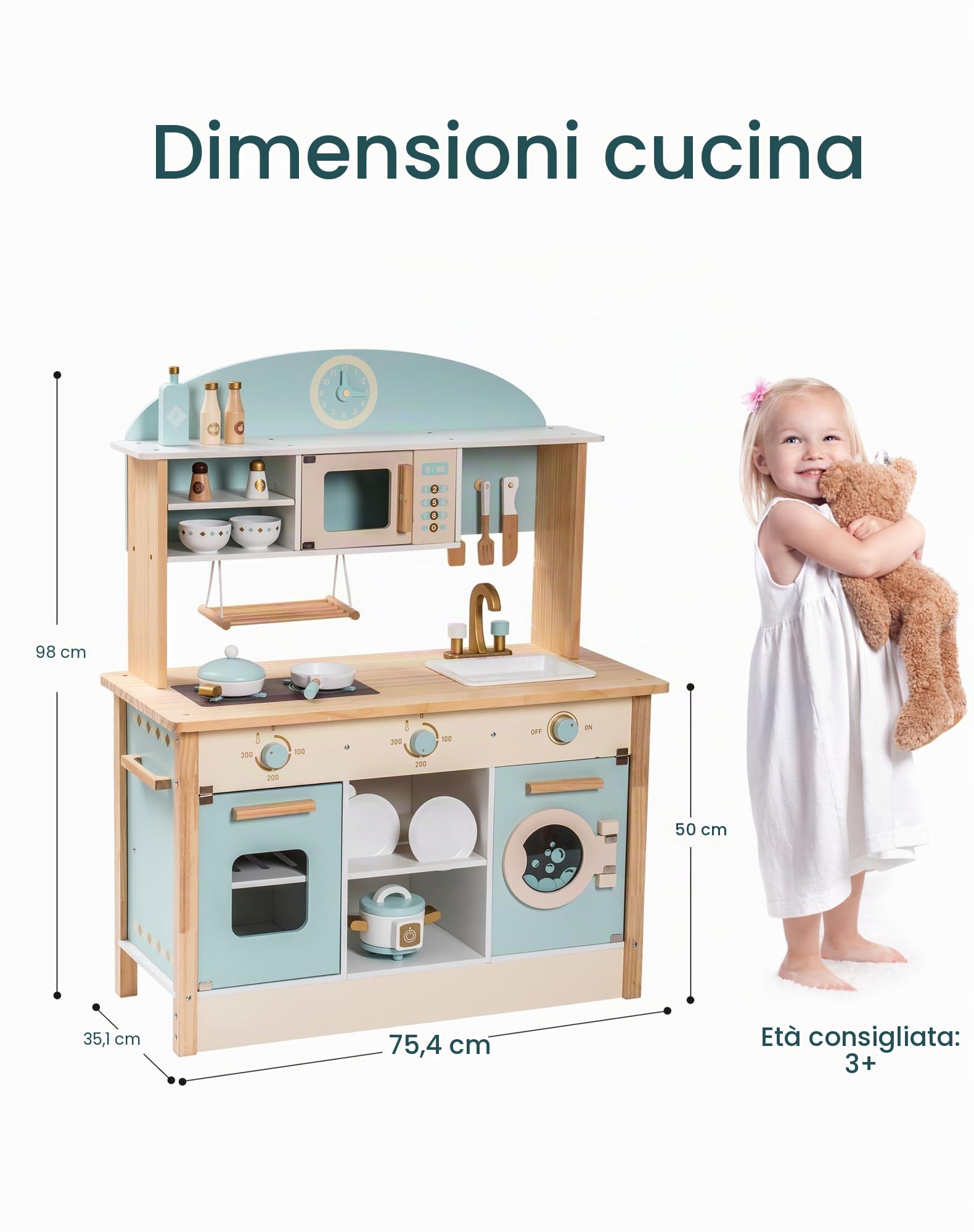 ROBOTIME Set di Cucina in Legno per Bambini, Gioco di Simulazione per Ragazze e Ragazzi con Forno a Microonde, Orologio, Porta Tovaglioli, Giocattoli da Cucina per Bambini dai 3 ai 10 Anni (Blu)