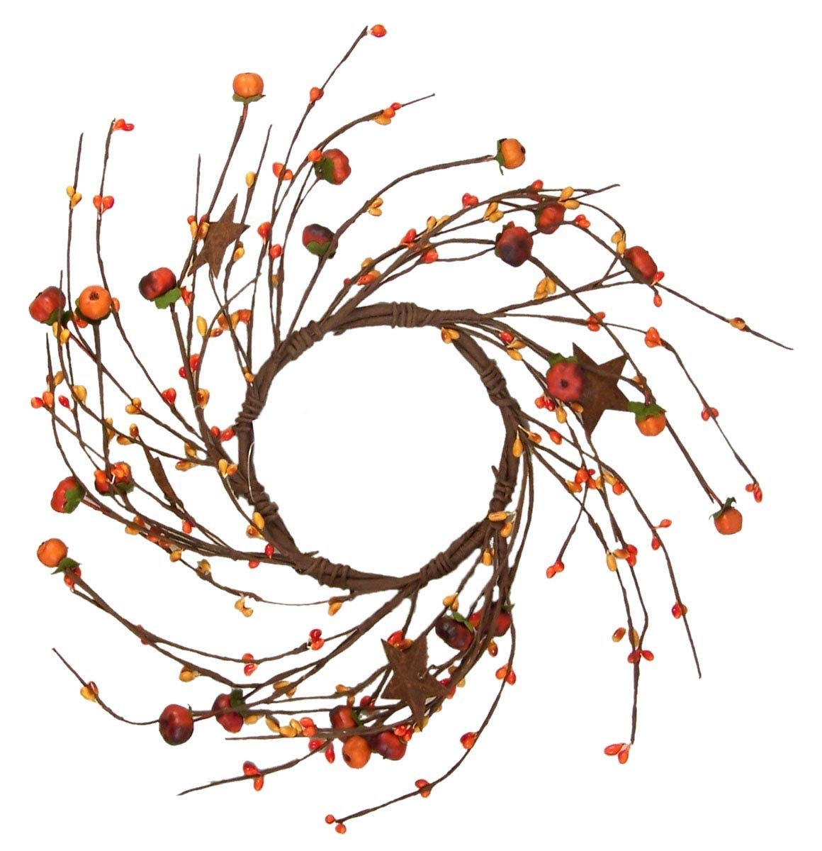Artificial Pumpkins and Yellow Leaves with Rusty Stars Candle Wreath Ring, 8 1/2 Inch