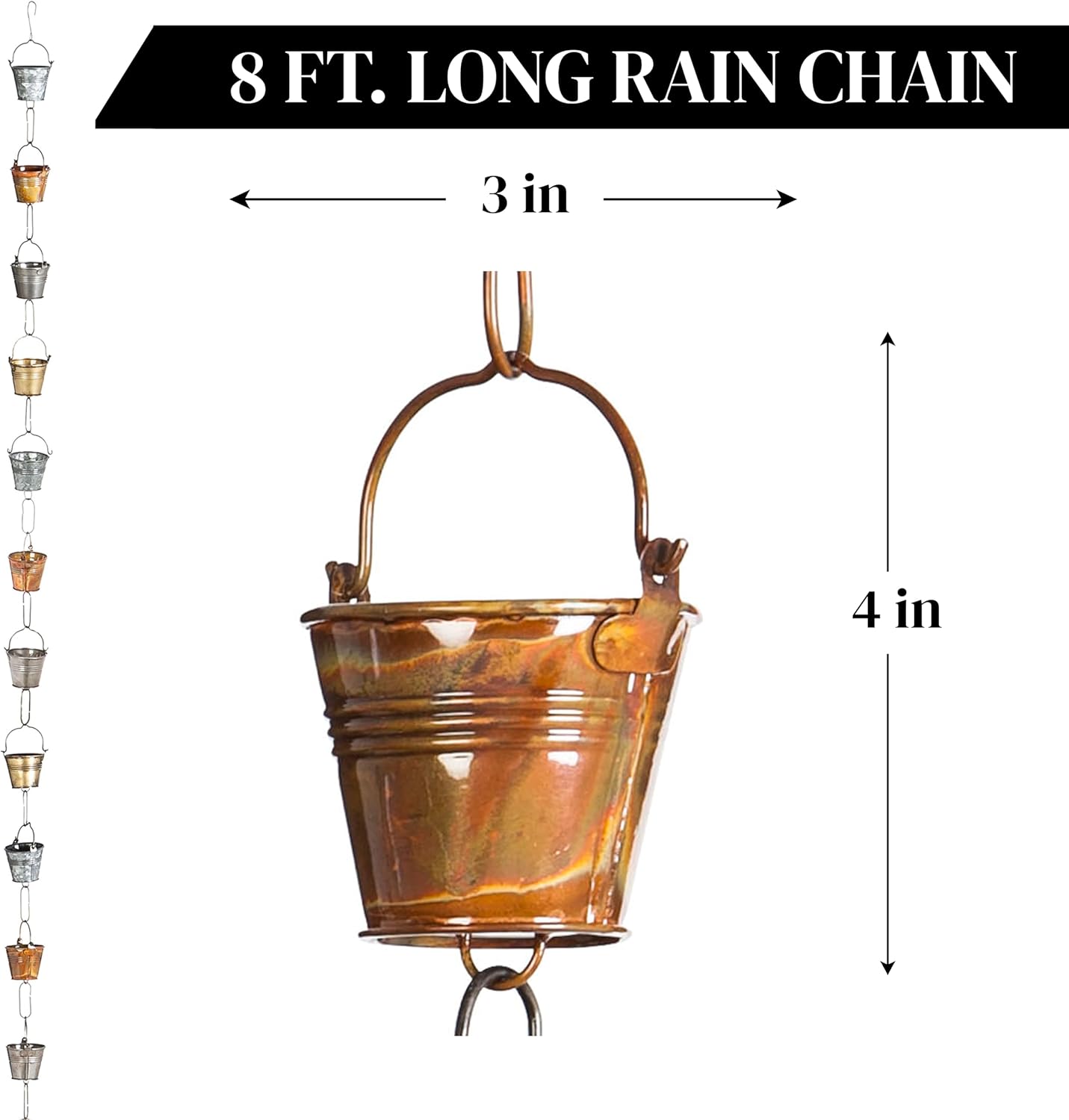 Evergreen Iron Buckets 8 foot Metal Rain Chain - Gutter Downspout Diverter, Decorative Garden Rain Catcher, Outside, Garden, Patio, and Deck