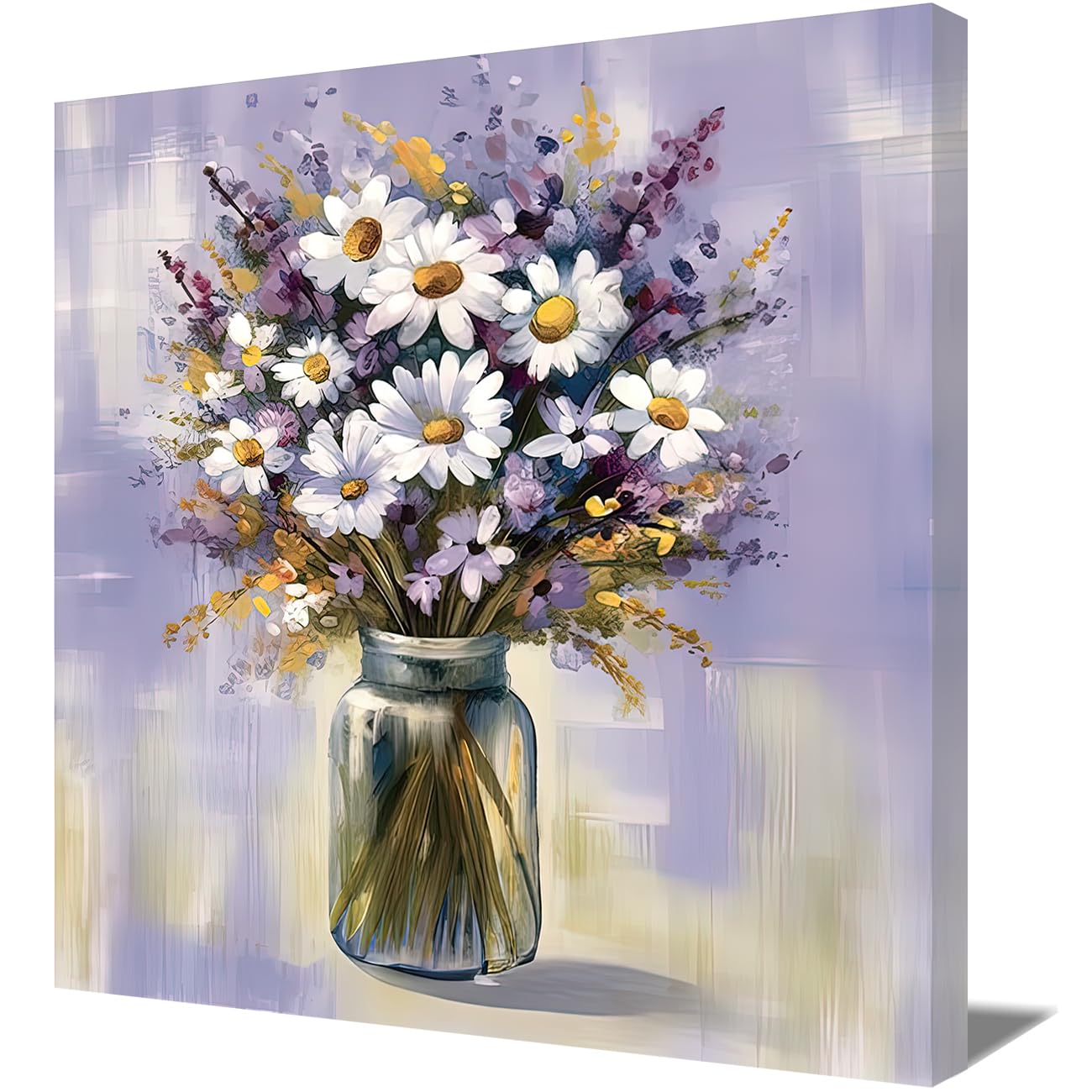 LMYSXAOZ Flower Canvas Wall Art White Daisy and Purple Lavender in Vase Picture Abstract Nature Floral Prints for Home Decor (Daisy,16.00" x 16.00")