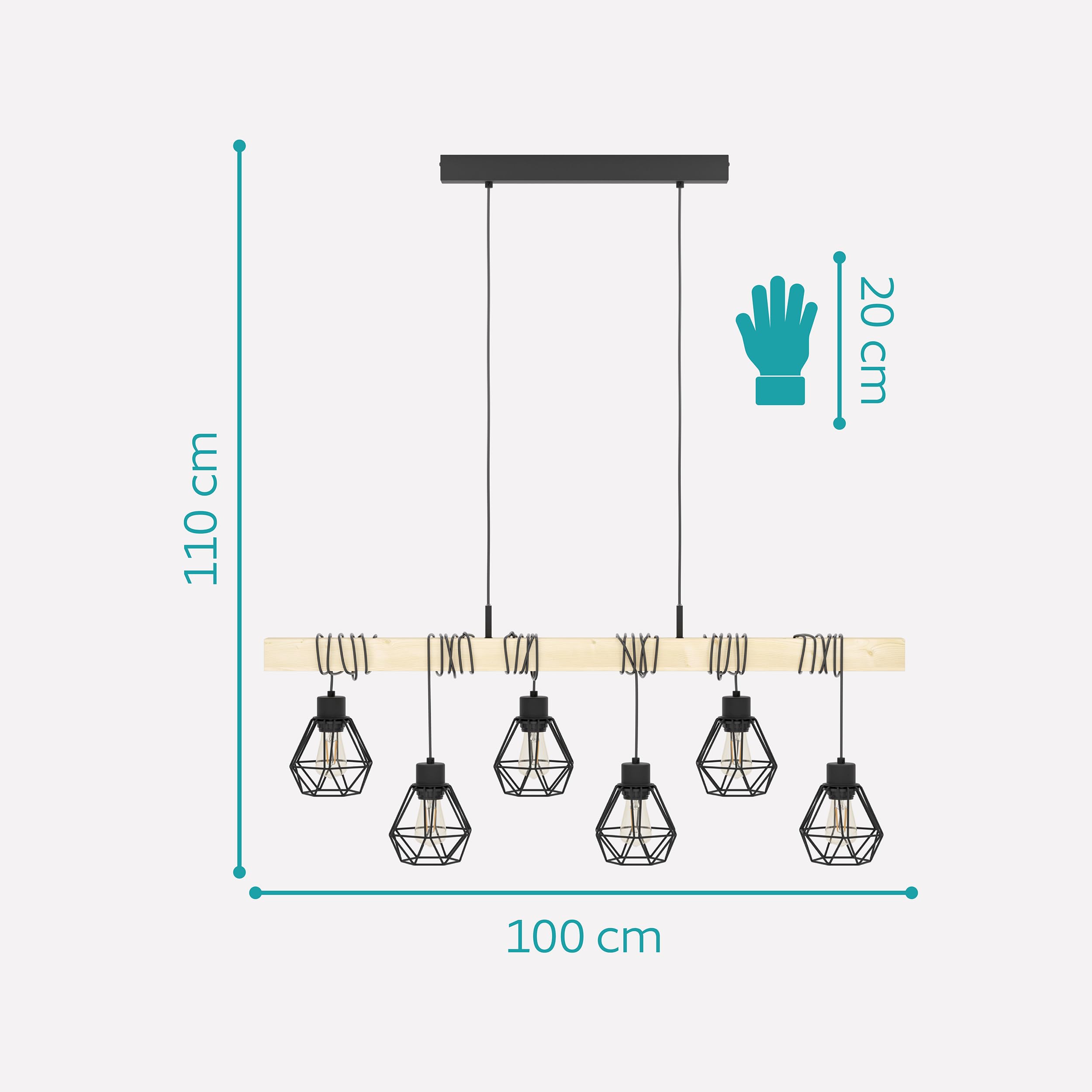 EGLO Pendellampe Townshend 5 6 flammige Vintage | Pendelleuchte im Industrial Design, Retro Hängelampe aus Stahl und Holz, Farbe: Schwarz, braun, Fassung: E27