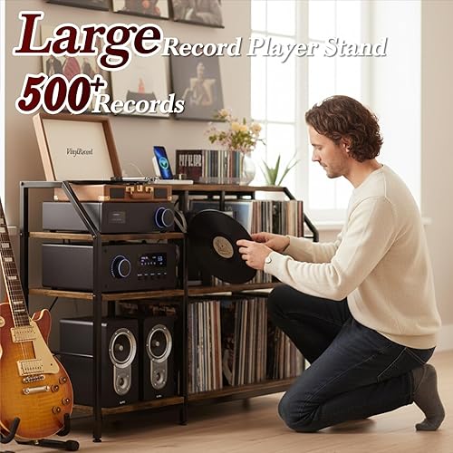 Miniatura 4 de Soporte grande para tocadiscos con estación de carga, soporte giratorio y gabinete de discos con almacenamiento de vinilo con capacidad para más de