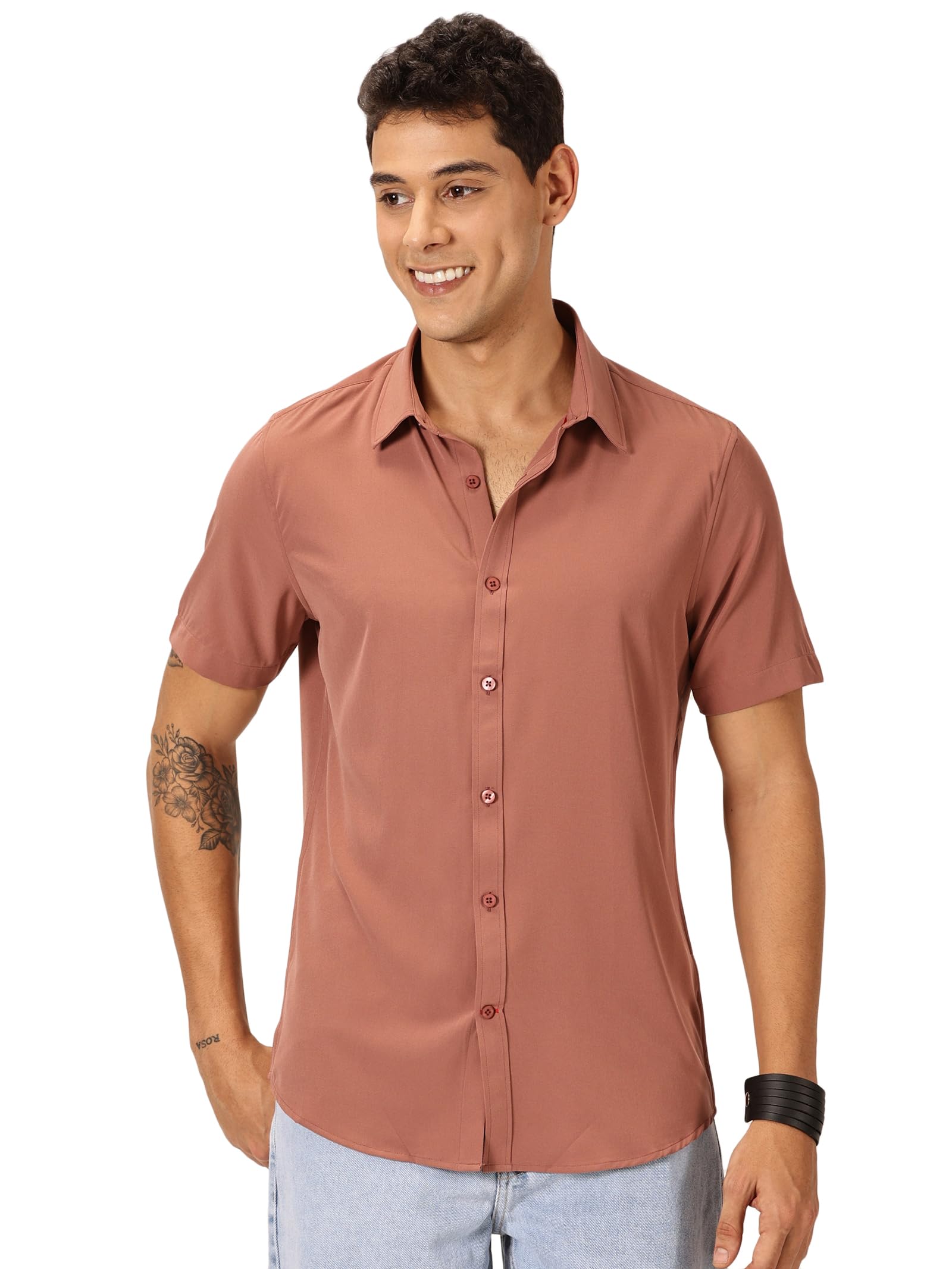 thomas scott Men's Classic Slim Fit 4 Way Stretchable Half Sleeves Spread Collar Casual Shirt-picture-53
