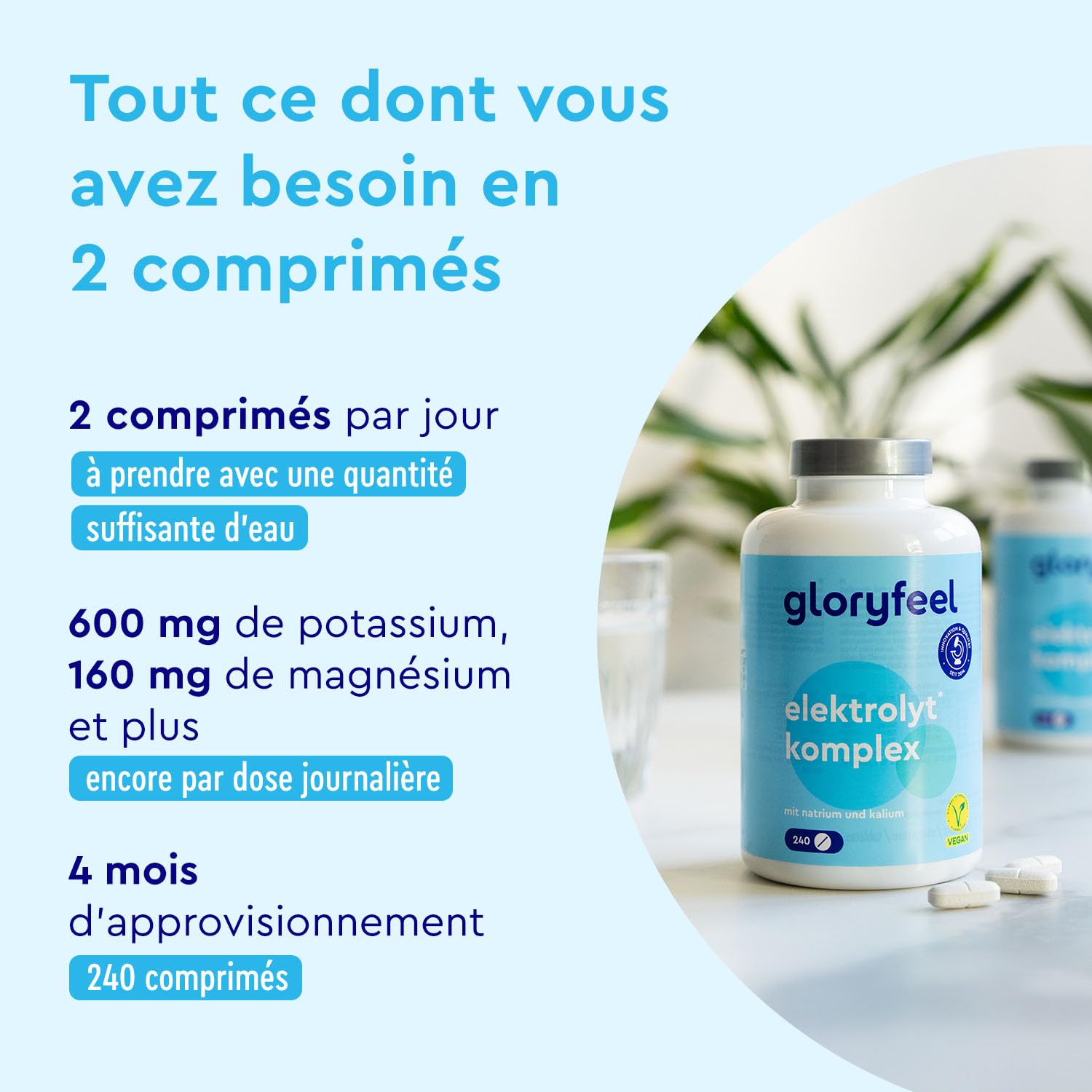 Comprimés Electrolytes Hydratation - 240 Comprimés avec Magnésium, Potassium, Sodium, Calcium et Chlorure - Équilibre Électrolytique* et Fonction Musculaire* - Vegan et Sans Additifs Inutiles