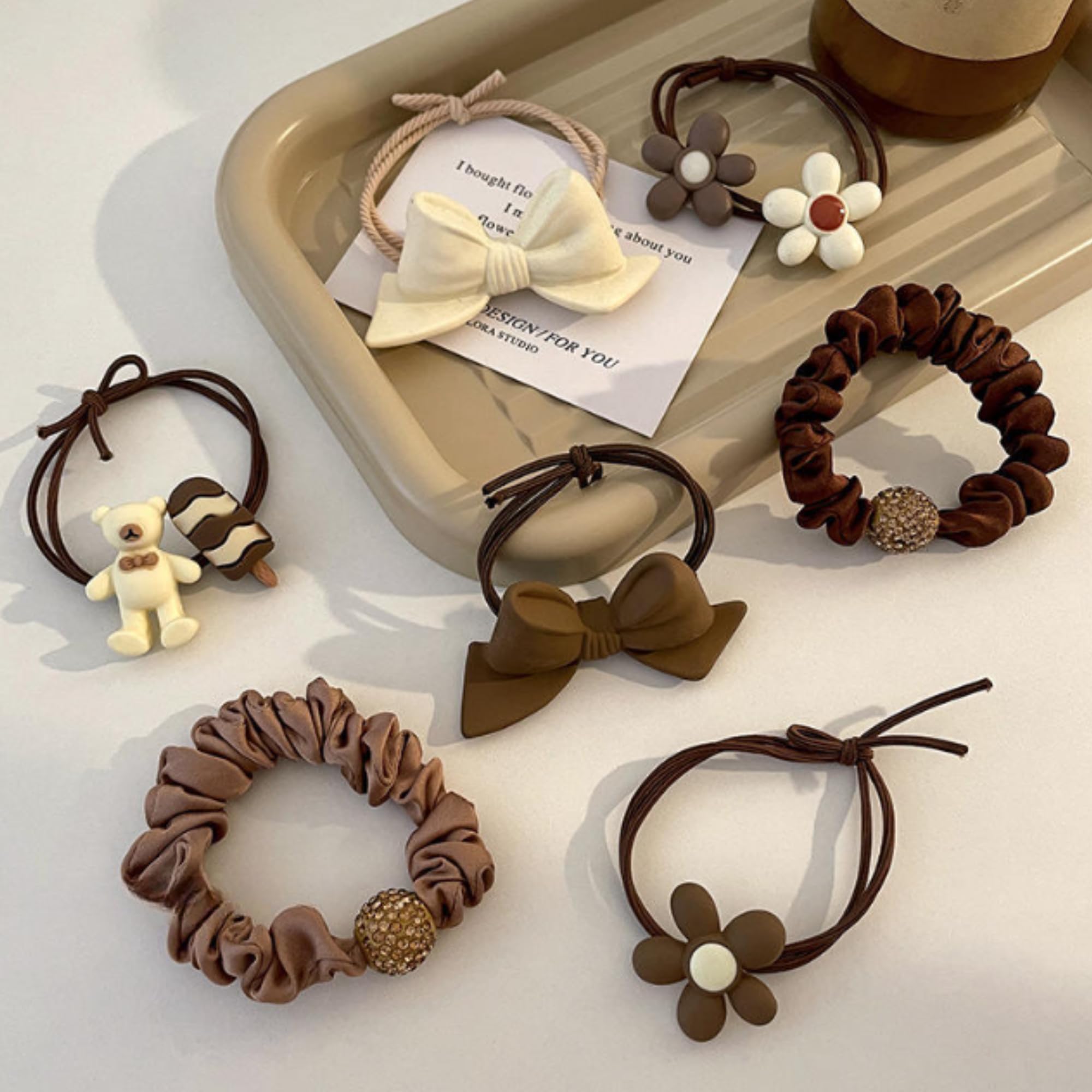 Giggles Boo | 7 Pcs Cute Hair Rubber Bands & Scrunchies Set – Brown & Cream Elastic Hair Ties with Bow, Flower, Teddy & Ice Cream Charms for Girls & Women-image-29