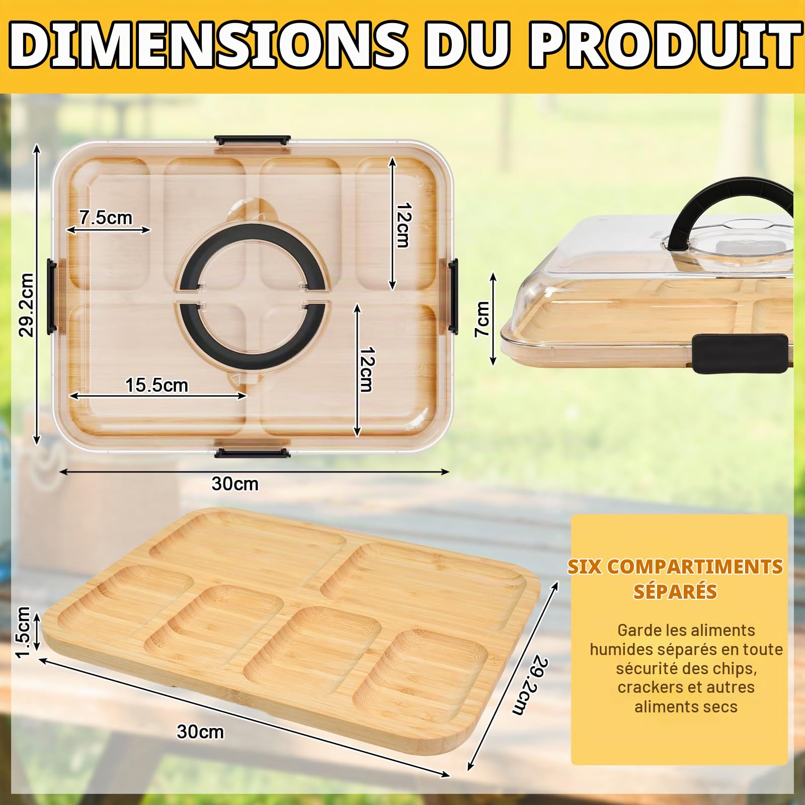 Planche De Charcuterie avec Couvercle De 36,7 Cm Planche De Service avec Poignée Planche À Fromage en Bambou avec Couvercle Plateau De Service pour Fromage, Collations, Antipasti, Grand