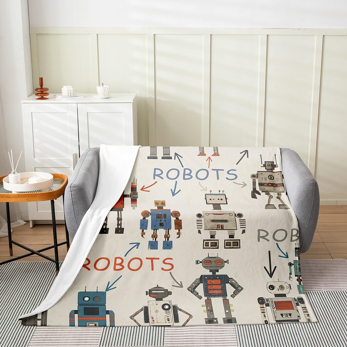Cartoon Super Robot Throw Blanket 30x40 Vintage Machine Fleece Blanket for Boys Girls Watercolor Sci-Fi Robot Flannel Blanket All Season Pastel Beige Khaki Lightweight Plush Blanket Bedroom Decor image 2