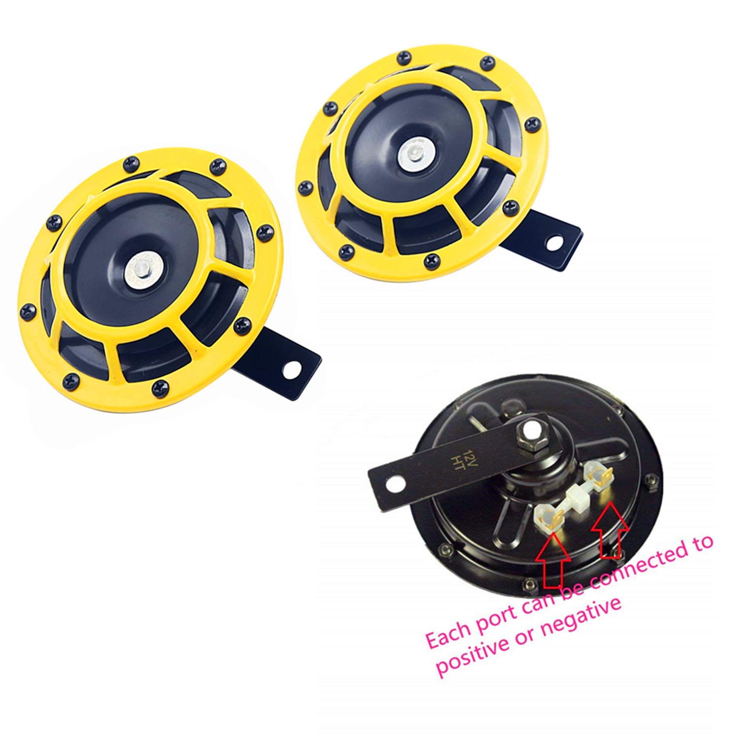 Clacson Elettrico 135DB per Auto con Doppio Disco e Staffa di Protezione Gialla - Per 12V Auto, Camion, SUV, Moto