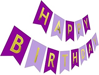 Purple Birthday Banner, Violet Happy Birthday Sign, Gold Glitter Party Bunting for Girl Woman Her
