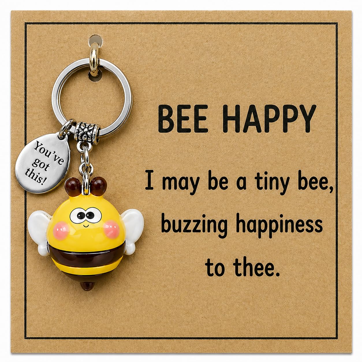 Bee Happy Keychain - Cute Bumblebee Charm with Inspirational Card, You've Got This Positive Quote Keyring, Encouragement Gift for Friends, Family, Women, Men, Kids, Birthday, Friendship, Cheer Up, Jus