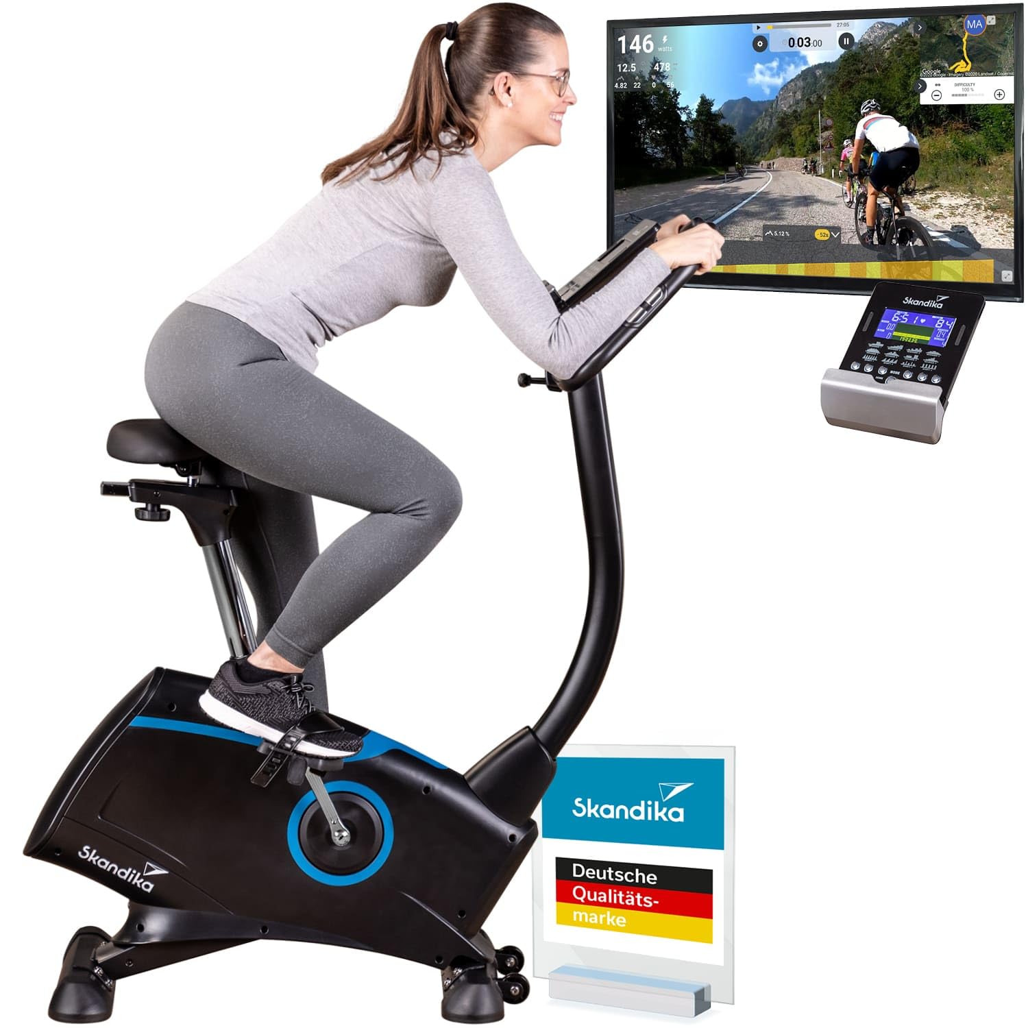 Skandika Ergometr rowerowy Atlantis | rower treningowy ze sterowaniem za pomocą aplikacji (mapa kinowa, iConsole), Bluetooth, 10 kg masy zamachowej, pomiar pulsu i tkanki tłuszczowej, 32 stopnie,