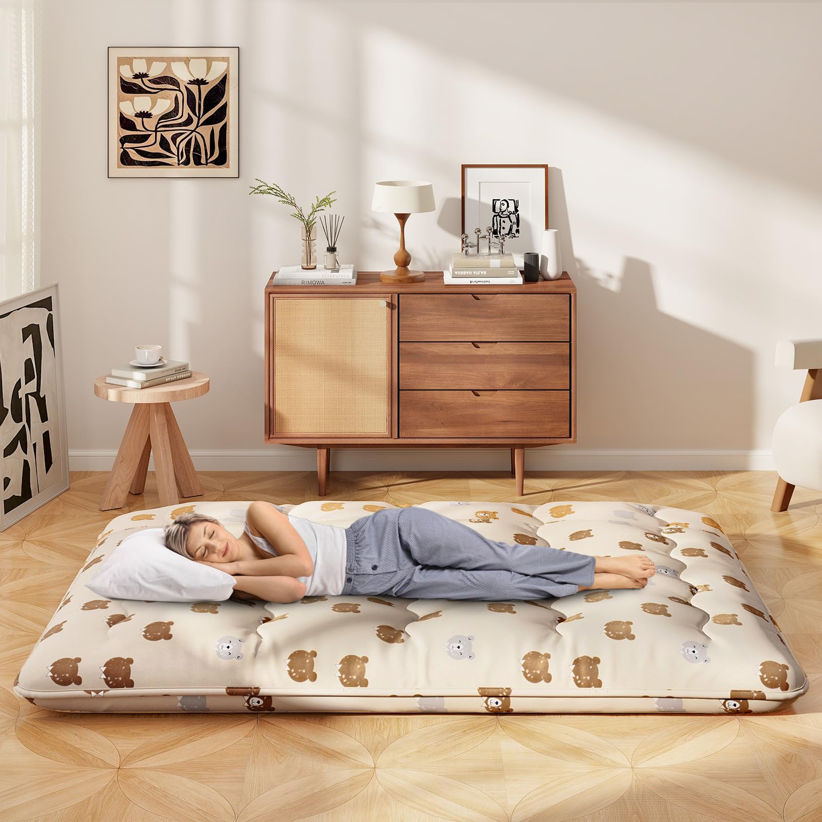 LIFEZEAL Futon Giapponese da Pavimento, Singolo 90x200cm, Materasso Futon da Terra, Tatami Cotone, Arrotolabile, Portatile, Pieghevole, con Fodera Lavabile, Borsa per Campeggio, Motivo a Orsetti