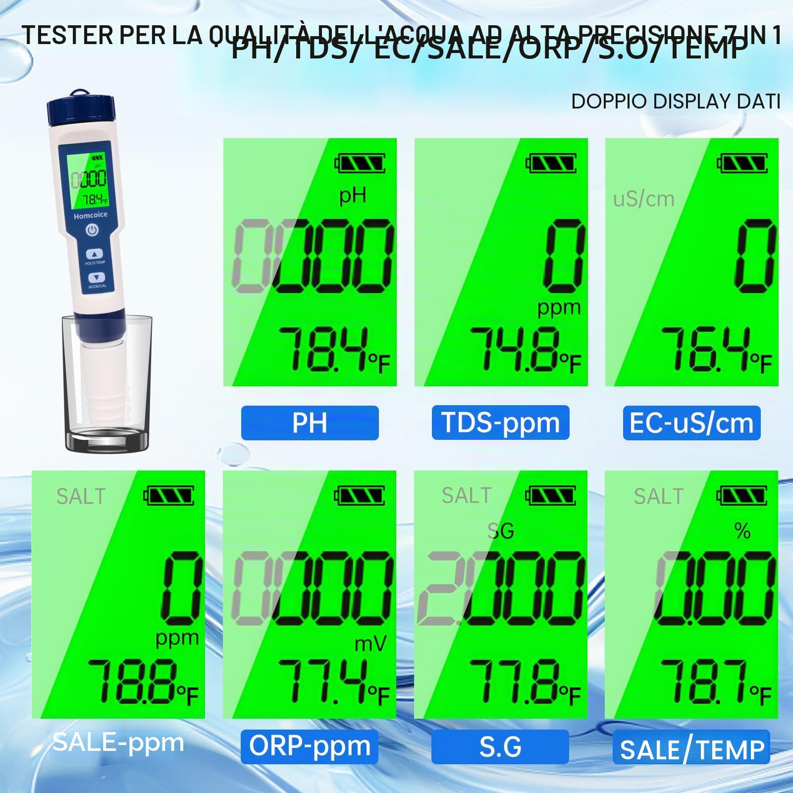 Misuratore pH Piscina 7 in 1 con TDS EC Salinità S.G ORP Temperatura, professionale Tester pH Acqua IP67 impermeabile, pH Meter digitale ad alta precisione 0,01 con funzione ATC