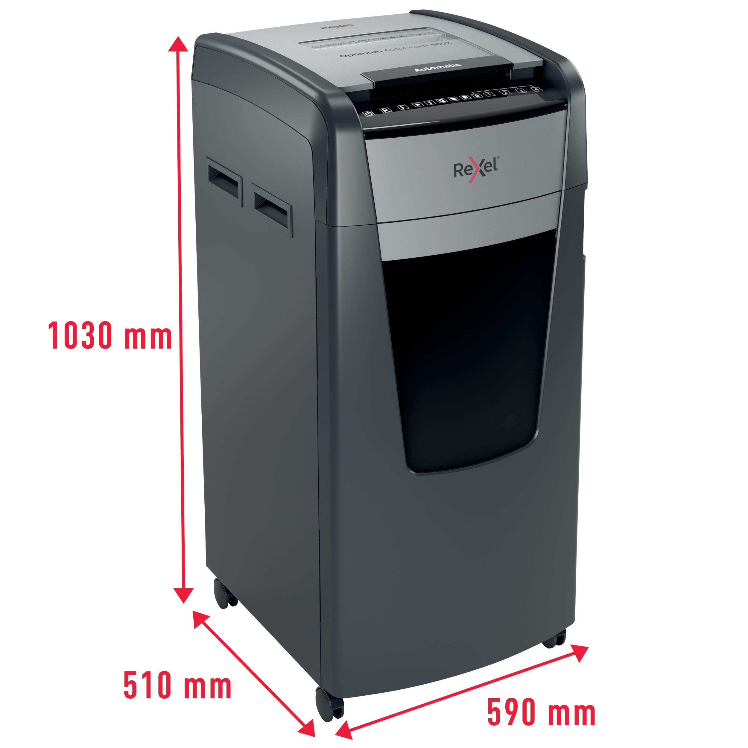 REXEL Optimum Auto Feed+ 600X, Distruggidocumenti Automatico, 600-660 Fogli (80-70 gr/mq), Taglio a Frammento, Livello di Sicurezza P-4, per i Grandi Uffici, Capacità 110 Litri, con Ruote, 2020600XEU