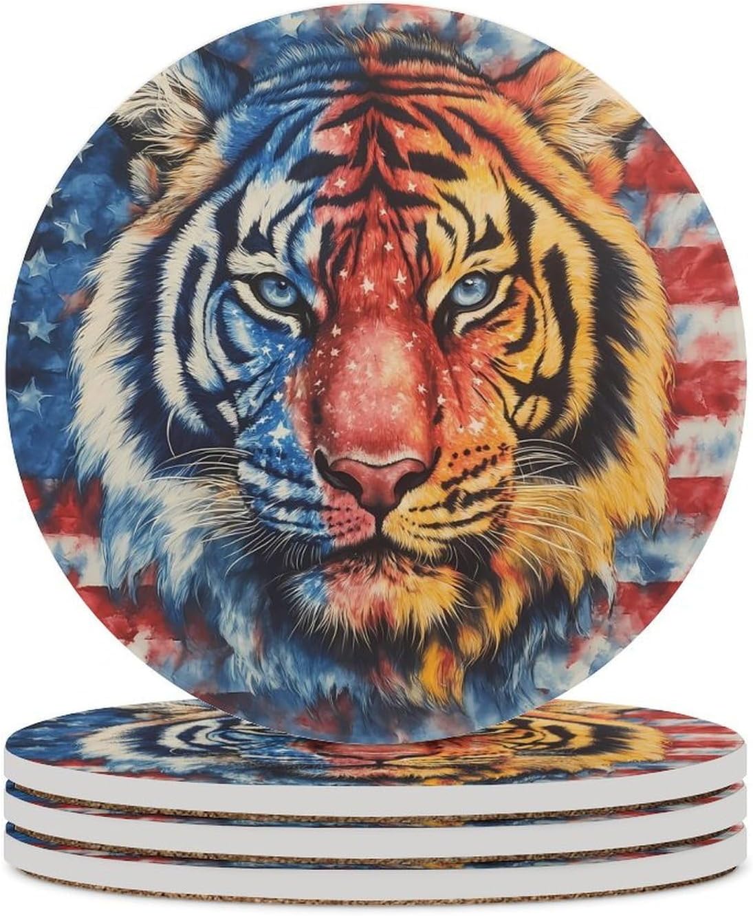 Tiedye U.S.A. Flag Tiger Round Ceramic Coasters for Drinks Absorbent Cup Holder Tabletop Protector with Cork Base