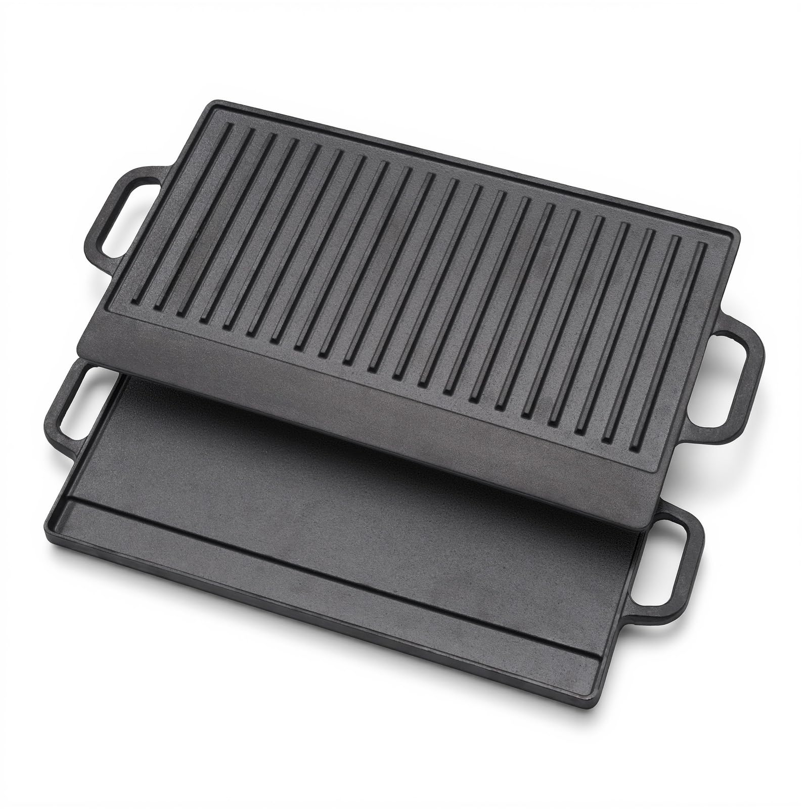 TOQUE Griddle Pan, Reversible Cast Iron Grill Pan, Pre-Seasoned Heavy Duty, Large Flat & Ridged BBQ Griddle with Handles for Induction Hob, Gas, Oven & Ceramic Hob, 49.5x23.5cm