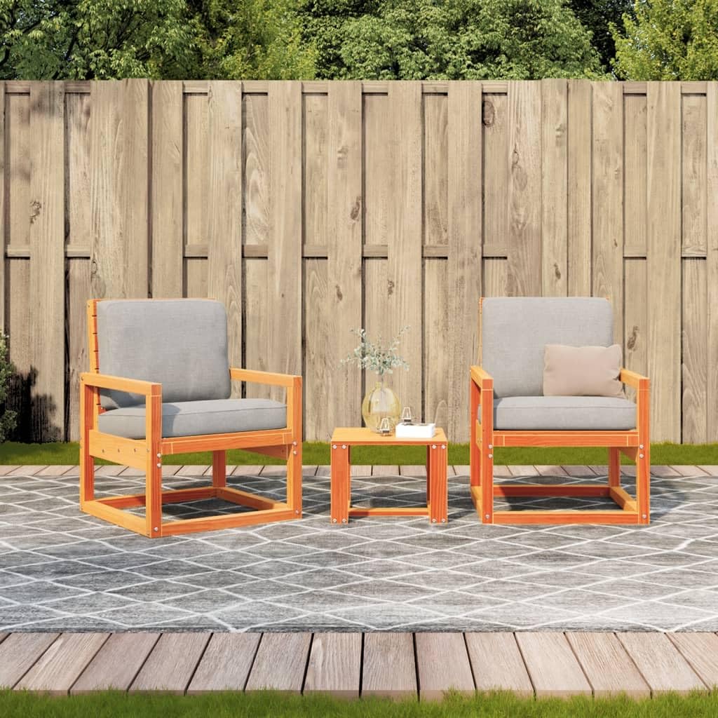 Juego de muebles de jardín de madera maciza de pino, 3 piezas, color marrón cera, para terraza, balcón, jardín, patio, muebles con mesa