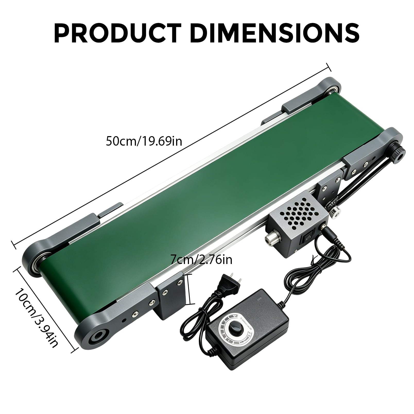 Förderband Elektrisch 500 x 100 mm, Tischförderband mit Vorwärts-/Rücklauf | Stufenloser Geschwindigkeitsregelung, DC 12V Förderer 0-167 U/min, Bandgeschwindigkeit 1,8-7,6 cm/s für DIY Projekte