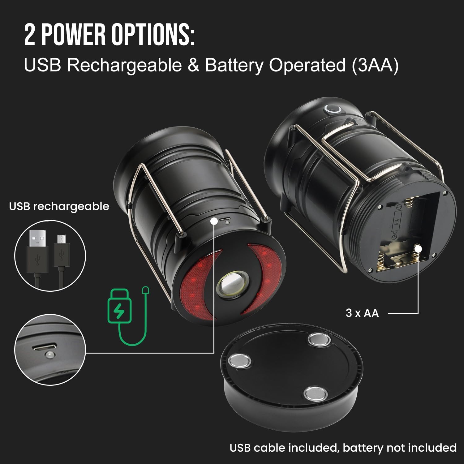 Lichamp 2 Pack Camping Lanterns Rechargeable and Battery Powered, Dual Power Source and 4 Mode Lantern Flashlight COB Camp Light for Power Outages, Camping Supplies and Home Hurricane Supplies, E2BK - Image 6