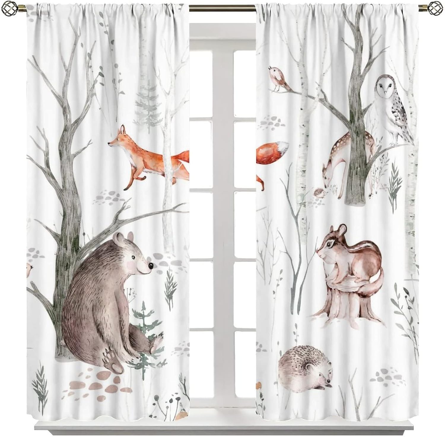 Rustic Woodland Forest Blackout Curtains,Watercolor Cute Animals Owl Fox Butterfly Squirrel Bear Window Curtains Rod Pocket Thermal Insulated Room Darkening Blackout Curtains 2 Panels 45L x 21W