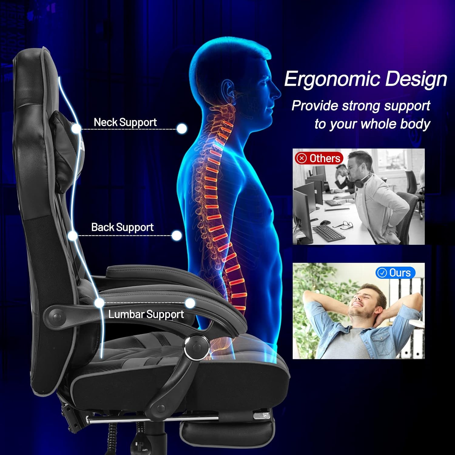 Furax Silla Para Videojuegos, Silla De Videojuegos Con Reposapiés Y Soporte Lubar De Asaje