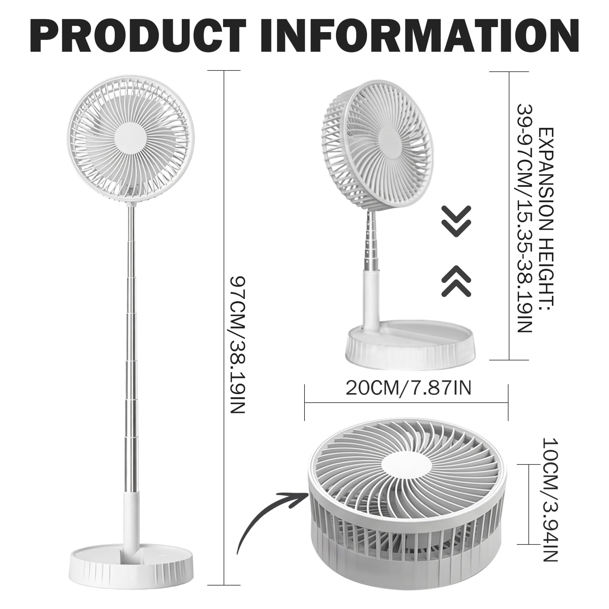 Ventilatore Pieghevole, Ventilatore da Tavolo Ricaricabile telescopico Senza Fili con 4 velocità e Flusso d'Aria a 360°, Batteria da 7200 mAh, Bianco