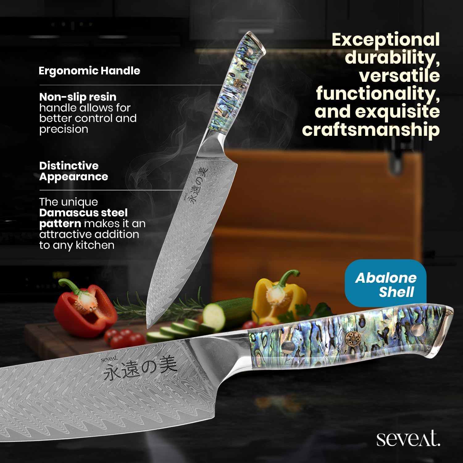 Damascus Kitchen Knife Set | 67-Layer Damascus Steel | Professional Chef Knives Set | Ergonomic Blue Shell Handle | Acacia Wood Magnetic Holder Included (Blue-3, 5-Piece Set)