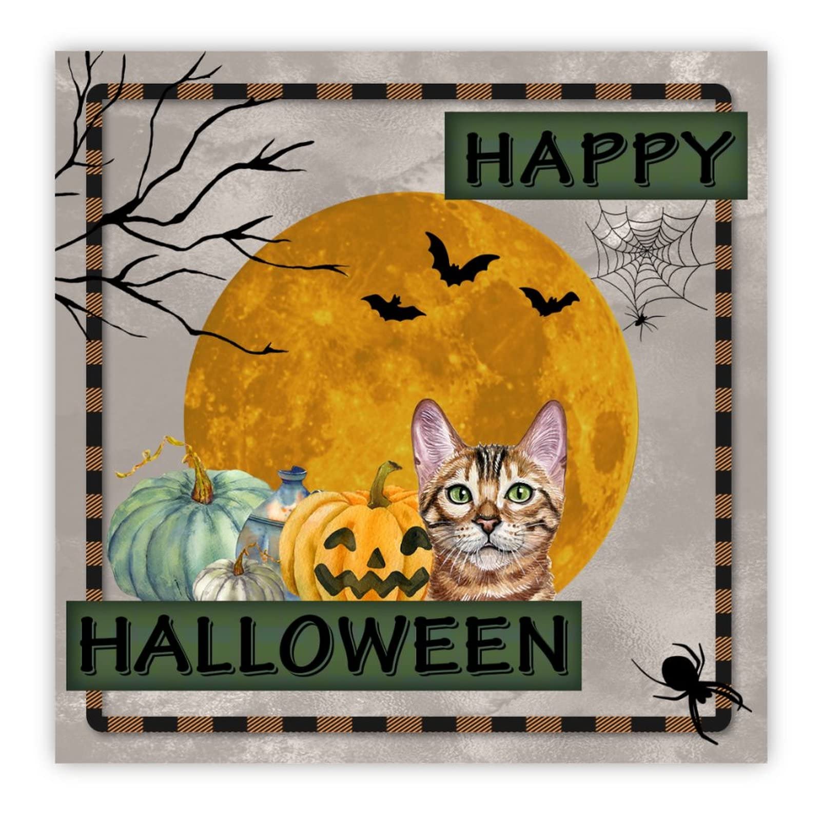 Panneau en bois Happy Halloween style rustique de ferme avec chat et citrouille