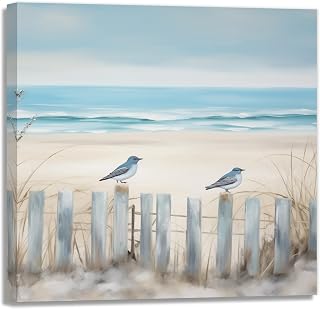 KPLUNDO Fence Beach Poster Wall Decor Birds Standing On The Fence Art Painting Calming Shoreside Artwork Framed For Bedroom Living Room Bathroom Decoration Ready To Hang(Artwork-3,12"x12")