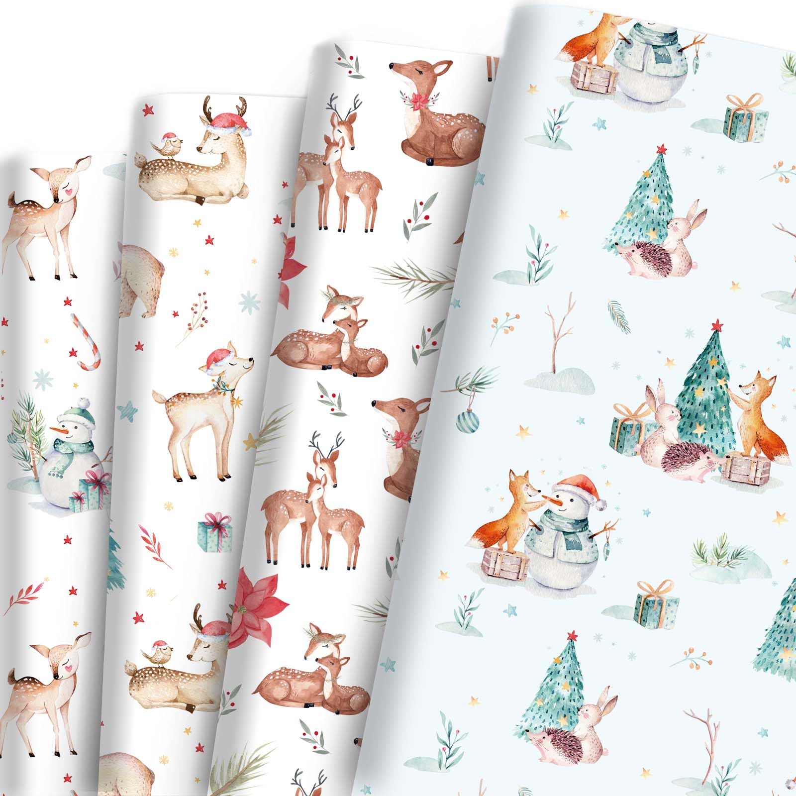 Bolsome 12 Sheets Christmas Woodland Animals Wrapping Paper Deer Fox Squirrel Snowman Rabbit Pattern Gift Wrap Paper for Winter Holidays Christmas