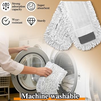 MASTERTOP Flat Mop, 60cm Wide Industrial Mops with Stainless Steel Long Handle, Commercial Pure Cotton Mop with 2 Reusable Pads, Wet and Dry Floor Mops for Hard Laminate Floors Cleaning