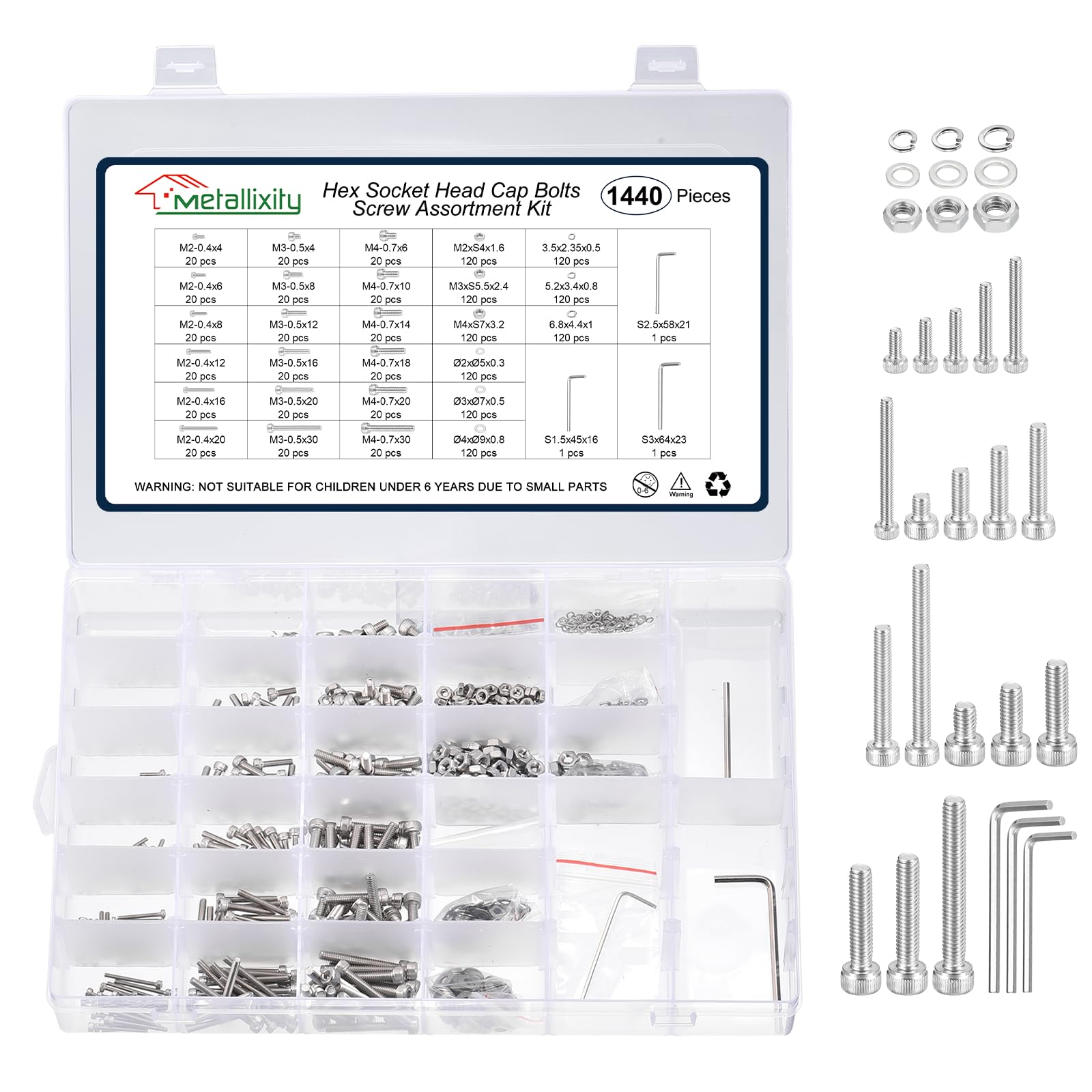 METALLIXITY Socket Head Cap Screws Kit (M2x4/6/8/12/16/20,M3x4/8/12/16/20/30,M4x6/10/14/18/20/30) 1440Pcs, Stainless Steel Allen Socket Drive - Machine Internal Hex Screw, Silver — image 1
