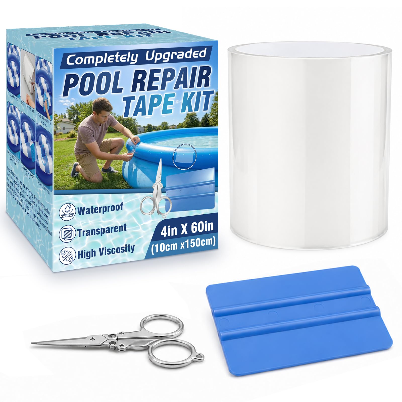 Vigorder Pool Reparaturset Unterwasser, 10x150cm PVC Pool Reparaturset, Unterwasserkleber & Transparentes Flex Tape, Selbstklebende Pool-Patches für Poolfolie, Schlauchboote und Luftmatratzen | Transparente, unsichtbare Reparatur