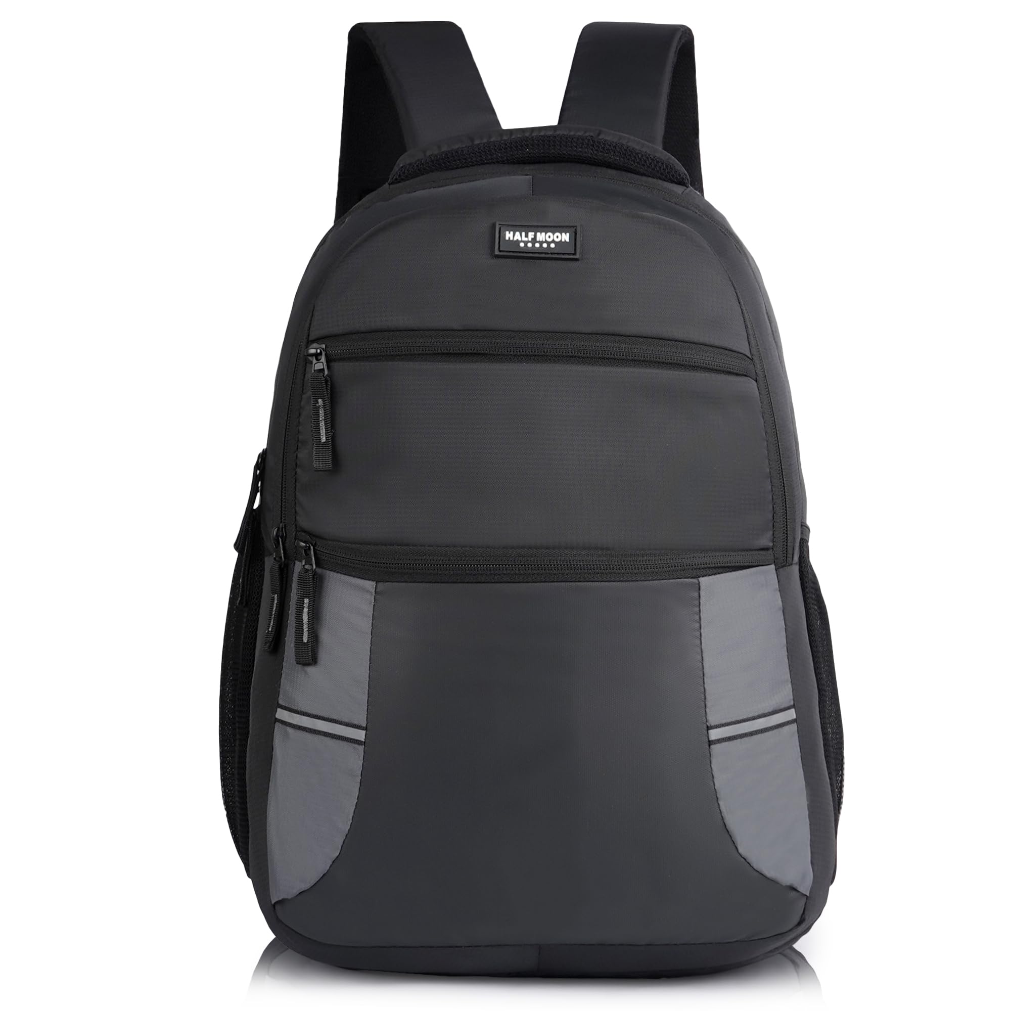 Half Moon 30L Laptop Backpack for Men & Women, Polyester, Water Resistant, Padded Sleeve with Reflective Strip, Black & Grey