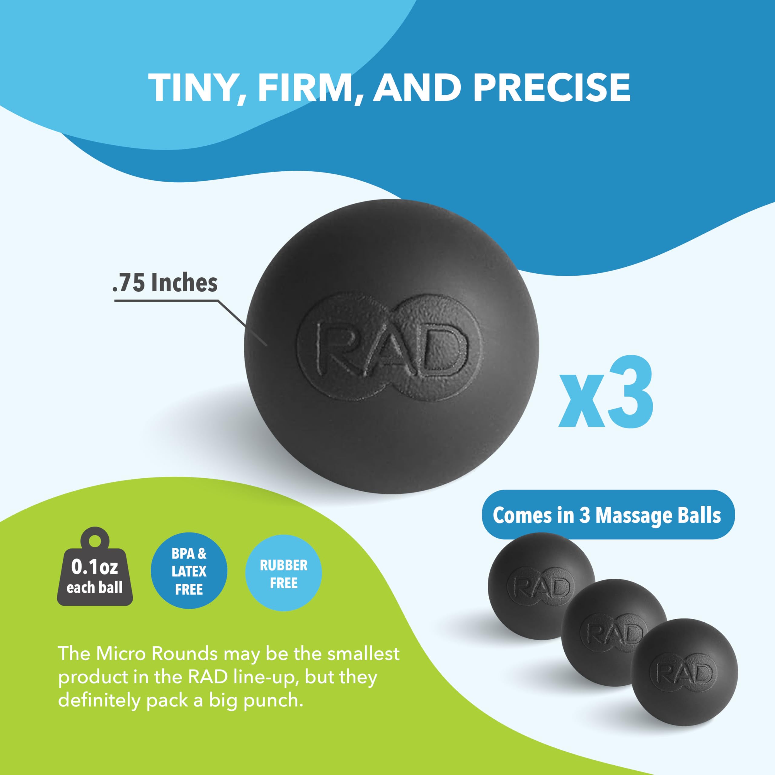 RAD Micro Rounds - Set di 3 palline per massaggio dei tessuti profondi da yoga (palline da 1,9 cm, rilascio miofasciale mirato per piedi, fascite plantare, mascella e mani, terapia