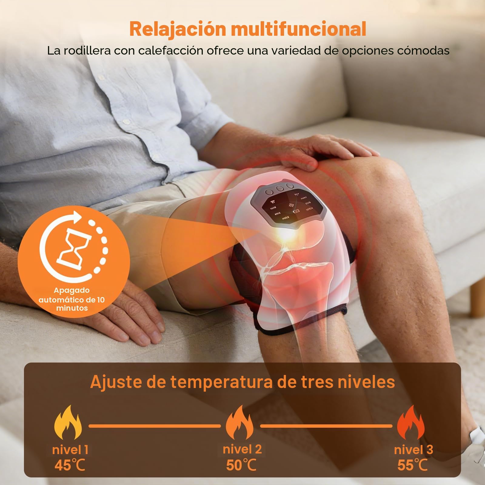 Masajeador inalámbrico de rodilla con masaje térmico y vibración, 3 modos de vibración, rodillera calentada con control de pantalla táctil para aliviar el dolor articular