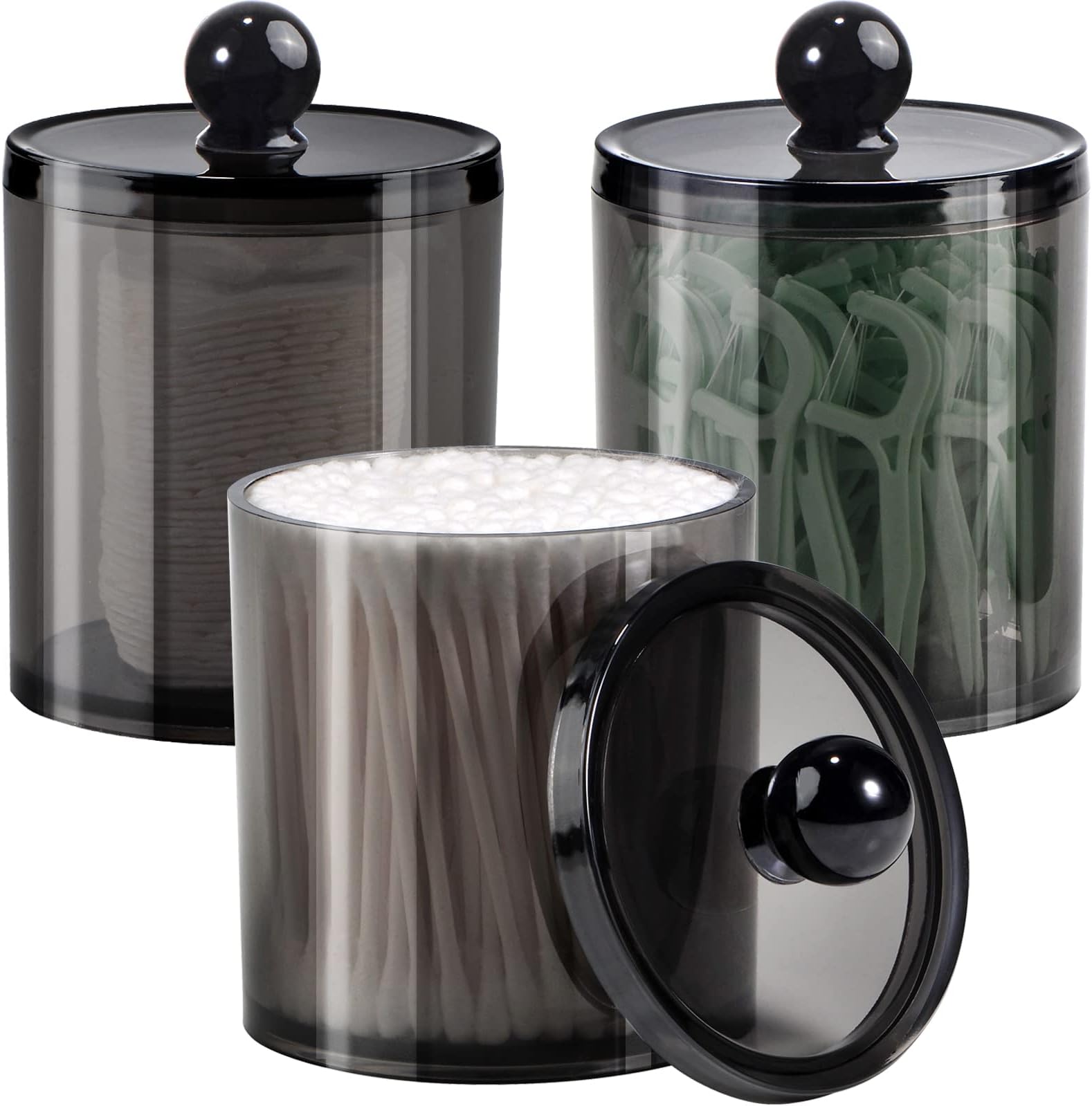 SheeChung 3-Pack Qtip Holder Black,Plastic Qtip Dispenser with Lids,Apothecary Jars with Labels,Minimalist Shatterproof Bathroom Organizer Set for Cotton Swabs,Balls,Pads,Bathroom Accessories