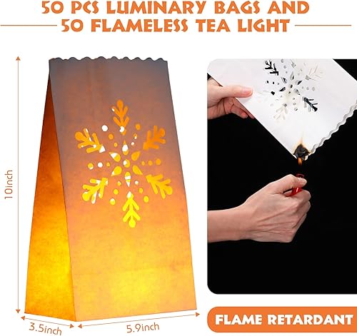 Miniatura 10 de 50 juegos de bolsas de luminarias con velas que incluyen 50 velas LED sin llama, velas de té LED y 50 bolsas luminarias para Navidad, Acción de