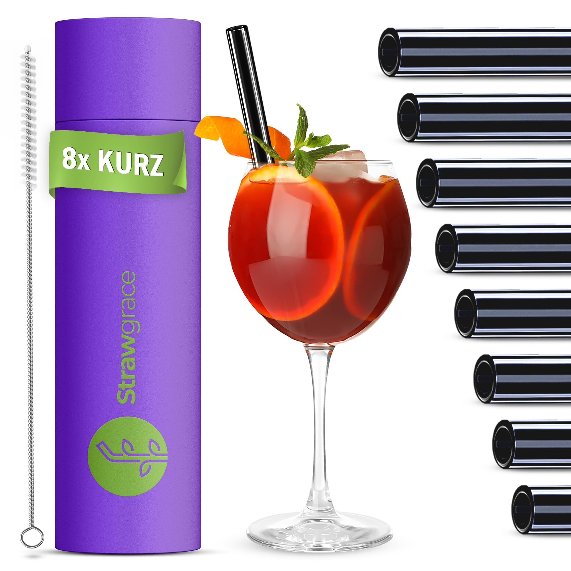 STRAWGRACE 8x Glasstrohhalme Schwarz - Länge: 15 cm - Durchmesser: 7 mm [Hochstabil] Strohhalme Glas Wiederverwendbar - Glasstrohhalme kurz - Trinkhalme Schwarz