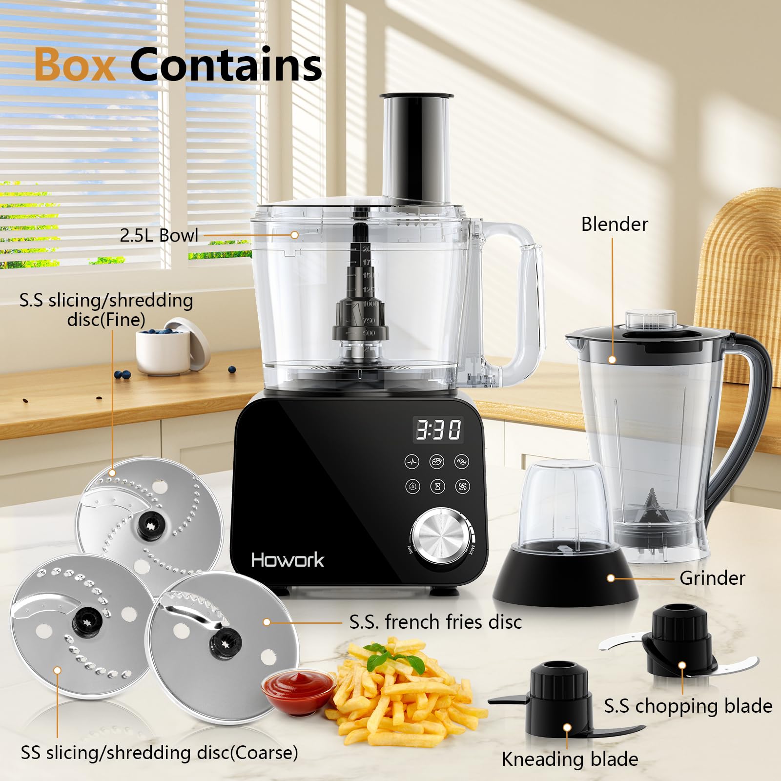 Howork Food Processor 1500W, Großes Fassungsvermögen Multifunktion, Zum Zerkleinern, Schneiden, Hacken, Mahlen, Smoothies, Hacken, Füllen und Teig, Edelstahl Schwarz